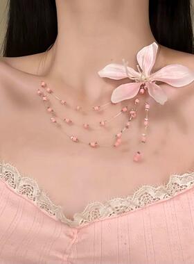 【春日微甜】粉红色花朵串珠项链多层叠戴锁骨链choker