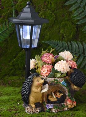 跨境多功能树脂花盆刺猬太阳能雕像摆件庭院花园别墅走廊装饰夜灯