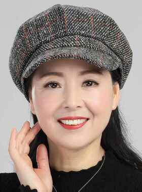 帽子女秋冬中老年人妈妈款贝雷帽加绒加厚八角帽冬季中年女士时尚