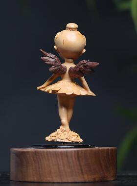 阳能自OAG动旋转汽车摆品件黄杨木雕太现代芭蕾女孩车载招财饰木
