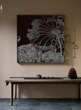 新中式卧室玄关客厅装饰画黑色荷叶脉络禅意高级感壁画方形挂画