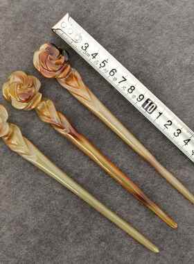 手工民族风牛角发簪子发饰盘发丸子头雕玫瑰花牛角簪子长17~18CM