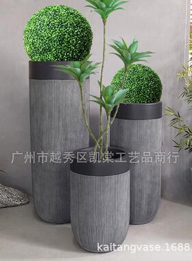 北欧风圆筒形玻璃钢落地大花瓶售楼部商场公司软装绿植装饰摆件
