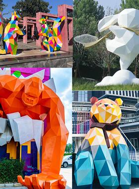 几何兔子雕塑户外网红卡通玻璃钢切面熊猫摆件不锈钢动物广场美陈