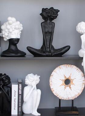 创意黑白艺术女人北欧简约抽象人物摆件客厅软装饰品样板间摆设