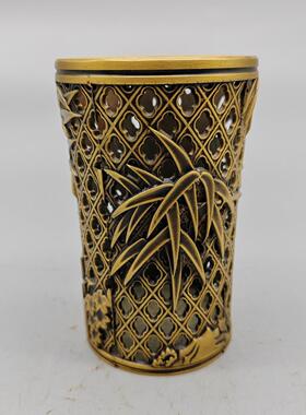 古玩铜器收藏黄铜雕刻竹子笔筒 文房四宝用品笔筒铜摆件