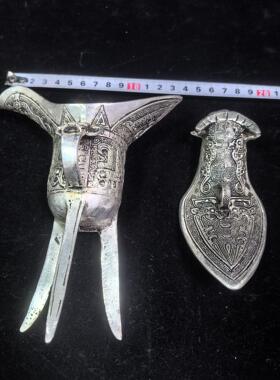 古做旧纯铜三脚牛头盖杯铜器爵杯古摆件装饰品酒器爵凤