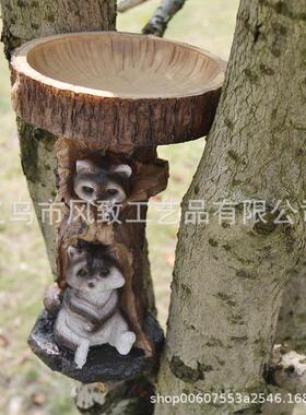 直销新款跨境 浣熊动物小鸟饮水洗澡花园装饰 树脂摆件工艺品园艺