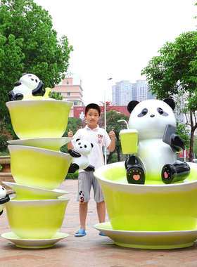 网红打卡拍照卡通盖碗茶熊猫雕塑摆件奶茶店咖啡厅店铺门口装饰品