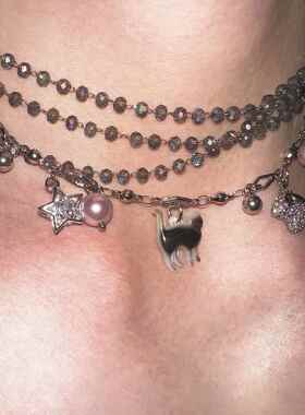 孤月原创设计紫葡萄贝母小猫多层项链 钛钢颈链男女通用 流行饰品