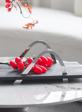 样板房软装饰品金属提手拱桥实木托盘摆件家居客厅茶几收纳盘摆设