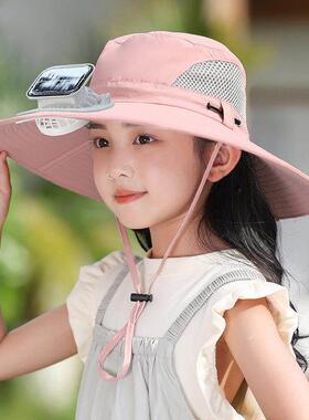 儿童夏季太阳能带风扇充电帽子男童女宝宝遮阳透气大檐防晒渔夫帽