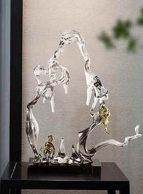 新中式猴子水帘洞天摆件客厅家居玄关电视柜博古架树脂装饰品手工
