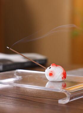 陶瓷捏花吐泡泡小金鱼粉色小清新文创彩色瓷器茶桌小摆件香插香道