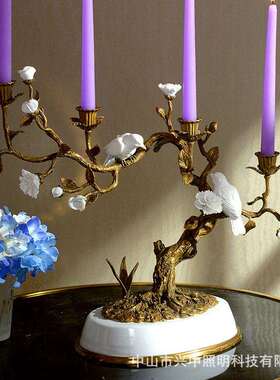 欧式法式小鸟纯铜双头烛台美式别墅客厅家居两头烛台装饰摆件