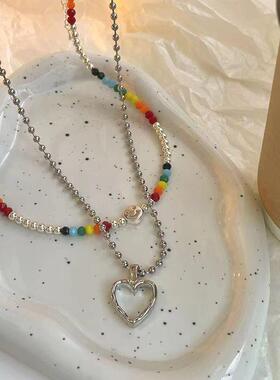 风彩虹色水晶串珠笑脸爱心叠戴套装锁骨链项链女可爱休闲颈链