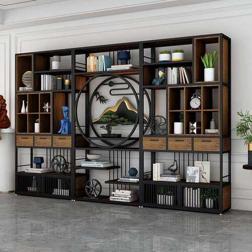 新中式铁艺博古架书架展示架办公室隔断柜餐厅实木茶柜茶室置物架 - 图0