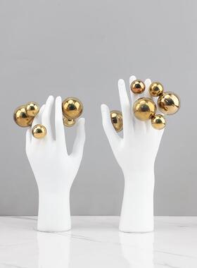 现代简抽象掌树脂1730白色约手雕塑摆件玄关书房装客厅电视柜家居