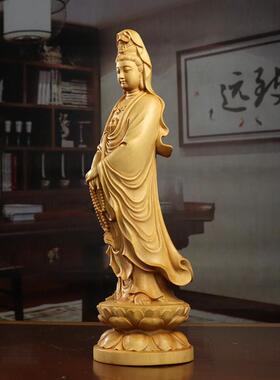 黄杨木雕摆件中式家居客厅木质雕刻手工艺品佛像拿珠观音菩萨