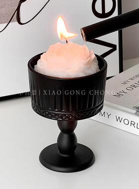 法式复古黑色磨砂蜡烛烛台高颜值哑光玻璃香薰底座氛围感装饰摆件