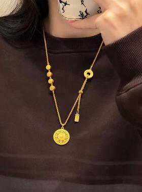 韦雪同款黄金色平安喜乐花丝八宝罗盘项链复古平安扣编织绳毛衣链