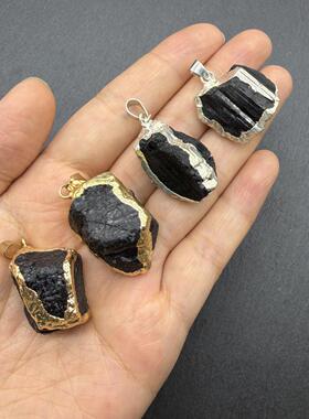 天然黑碧玺原石电镀金边银边吊坠项链跨境热卖欧美潮流个性电气石