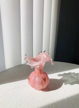 中古玻璃花瓶温柔水滴芬顿雾粉洒金肌理小众复古手工琉璃花器插花