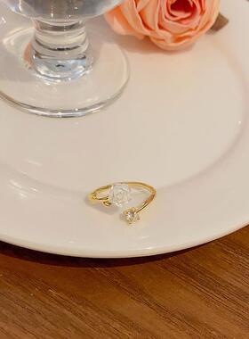 韩国新款小清新锆石山茶花戒指女高级设计感开口可调节食指戒
