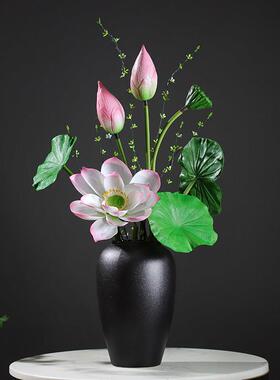 高档手感荷花彷真花佛堂供佛莲花新中式客厅插花瓶摆设件假花盆栽