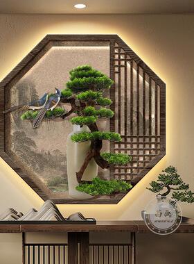 宋代美学迎客松茶室装饰画新中式花鸟玄关壁画灯八边形假窗户挂画