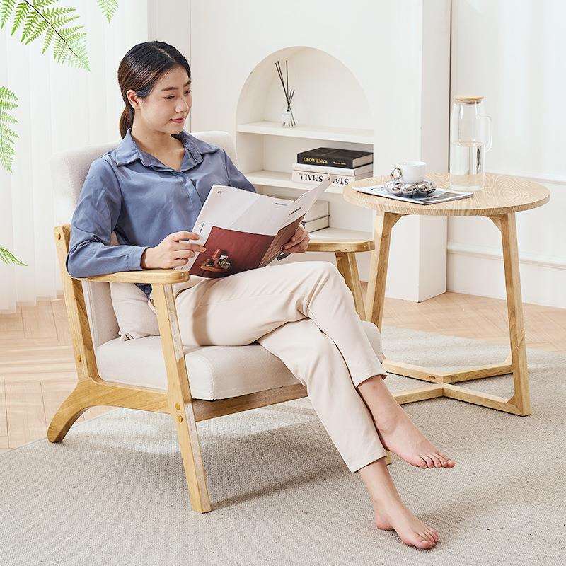 Nordic single sofa chair solid wood fabric balcony lazy leisure table and chair B&B living room reception and negotiation sofa chair