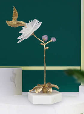 轻奢后现代家居客厅茶几电视柜玄关装饰品水晶石花铜鸟艺术品摆件