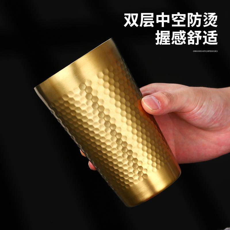 韩式304不锈钢双层金色水杯锤纹水果汁杯烤肉餐厅啤酒杯茶杯饮杯,淘宝优惠券,粉丝福利购,淘宝优惠卷