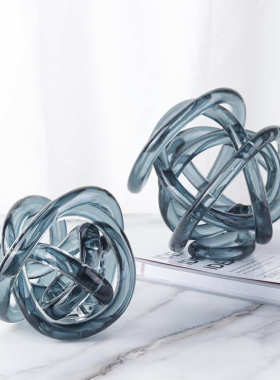 现代北欧轻奢极简麻团麻绳线团玻璃工艺品摆件家居样板房软装饰品