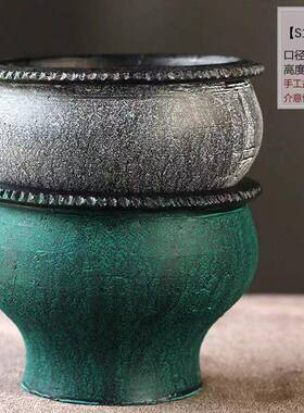 大口径多肉法师悬崖桩手工粗陶复古土陶透气花园花瓶摆件
