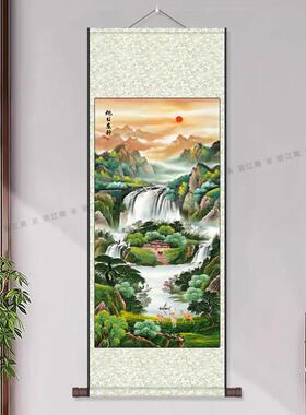 富水长流竖幅风水挂画客厅装饰画卷轴字画玄关山水画定制高清礼品