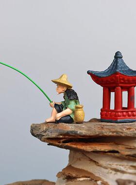 天猫精品微缩迷你姜太公钓鱼翁垂钓人物小摆件微景观假山吸水石造