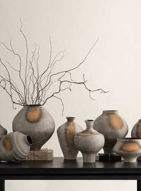 艺贝子 中古风粗陶瓷花瓶日式茶室摆件客厅插花家居侘寂禅意装饰