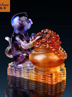 班德拉斯琉璃生肖猕猴献宝摆件家居新婚开业店铺送礼装饰工艺摆件