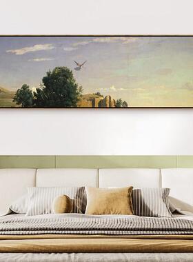 美式覆古床头画卧室客厅装饰画简约油画欧式主卧室挂画横向山水壁