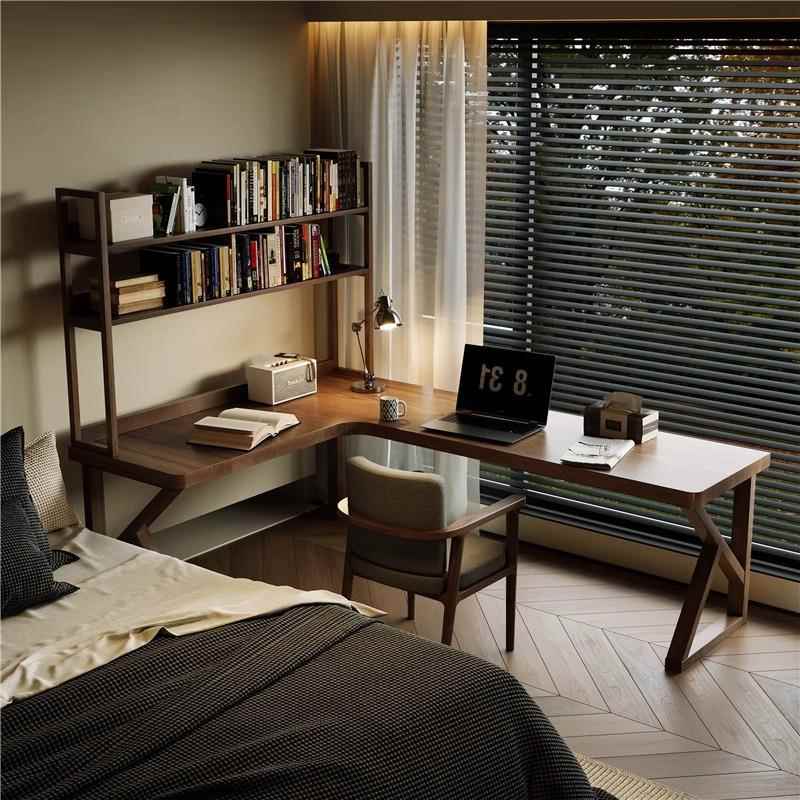 全实木双人转角书桌书架一体L型电脑桌卧室简易学习桌家用办公桌 - 图2