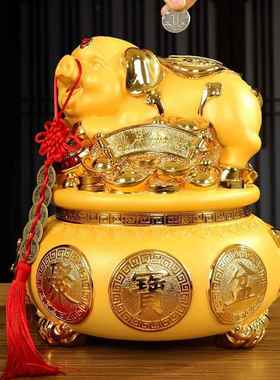 金色猪聚宝盆存钱筒摆件可存取存钱罐客厅酒柜电视柜装饰开 业礼