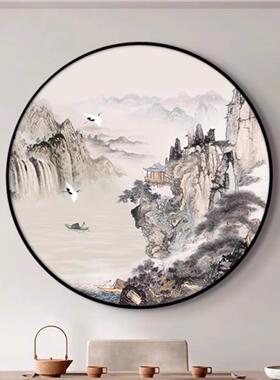 茶室山水新中式挂画圆形客厅背景墙有山无水靠山图壁画玄关装饰画