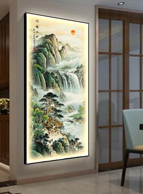 中式玄关装饰画灯画竖版迎客松挂画中国风山水画进门走廊过道壁画