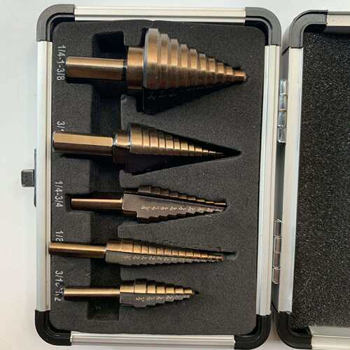 五件套铝盒装钢板打孔器英制5pc三角孔扩孔宝塔钻头台阶梯钻 - 图0