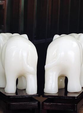 客厅摆件玉石一对白玉吸水大象家居装饰工艺品雕花手工白玉大象