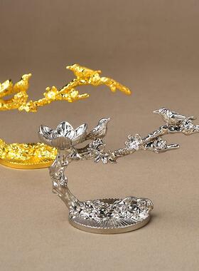 梅花两只喜鹊摆件水晶球底座花托铁艺金属工艺品装饰品支架展示台