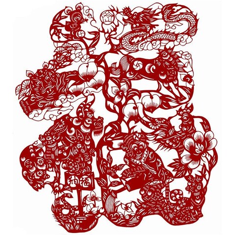 图案黑白打印底稿高清纯手工刻纸素材.图样复印 十二生肖福字剪纸