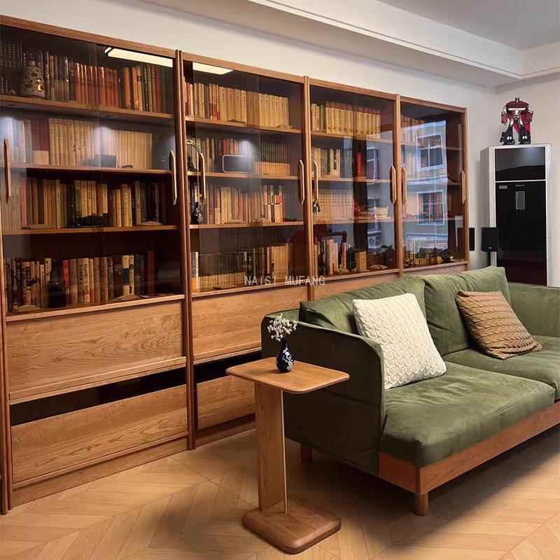 北美全实木满墙书柜定制黑胡桃原木客厅图书馆樱桃木橡木卡座书柜 - 图0
