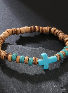 Cross Bracelet for Men椰壳木片松石十字架手錬男嘻哈木头手环